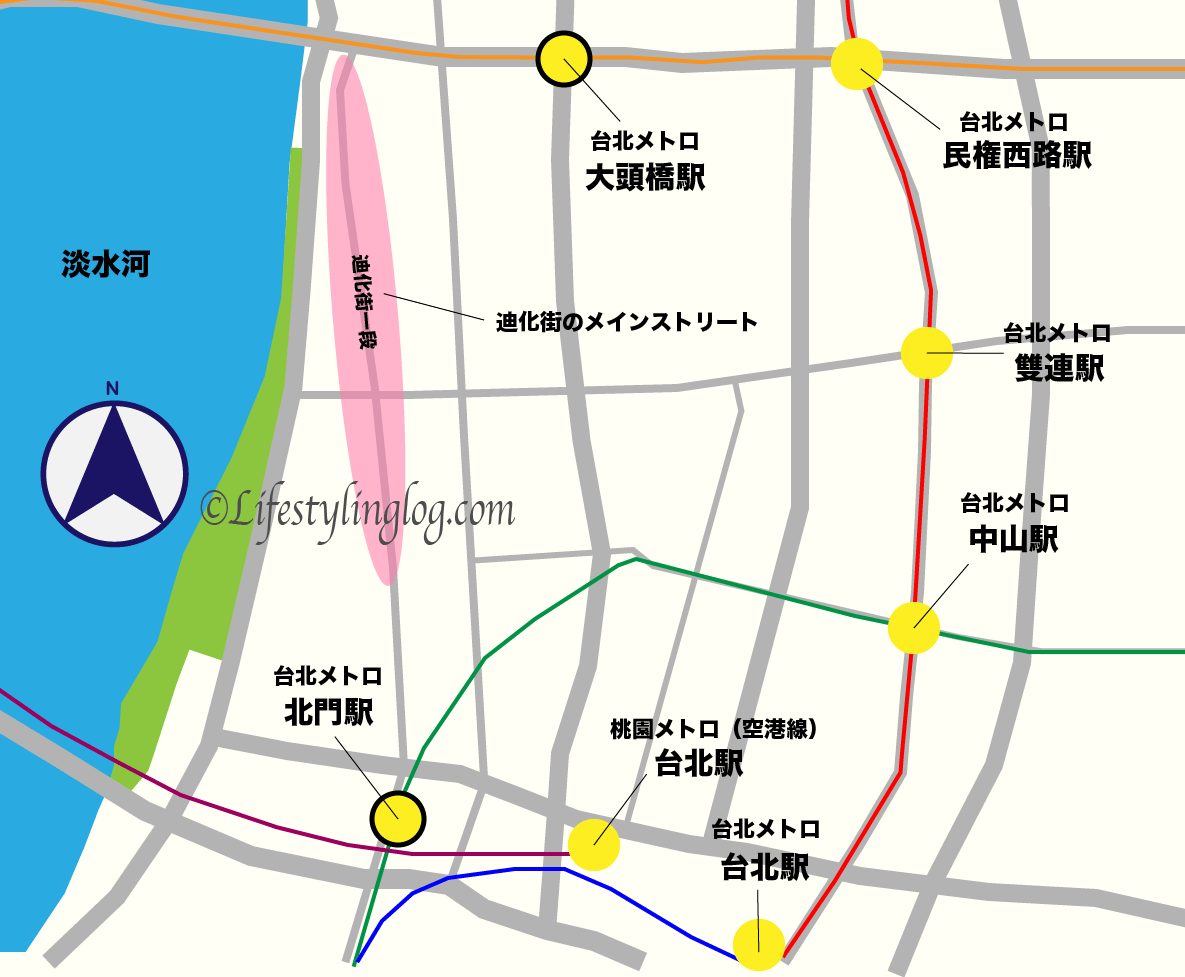 台北の迪化街（ディーホアジエ）の最寄駅を示すイメージマップ（地図）
