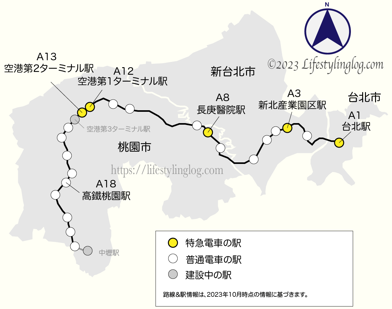 桃園空港MRTの台北駅から空港駅までの路線全体像を示す地図
