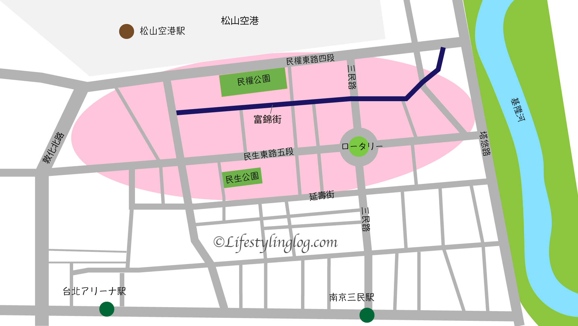 富錦街を含む台北の民生社区の地図