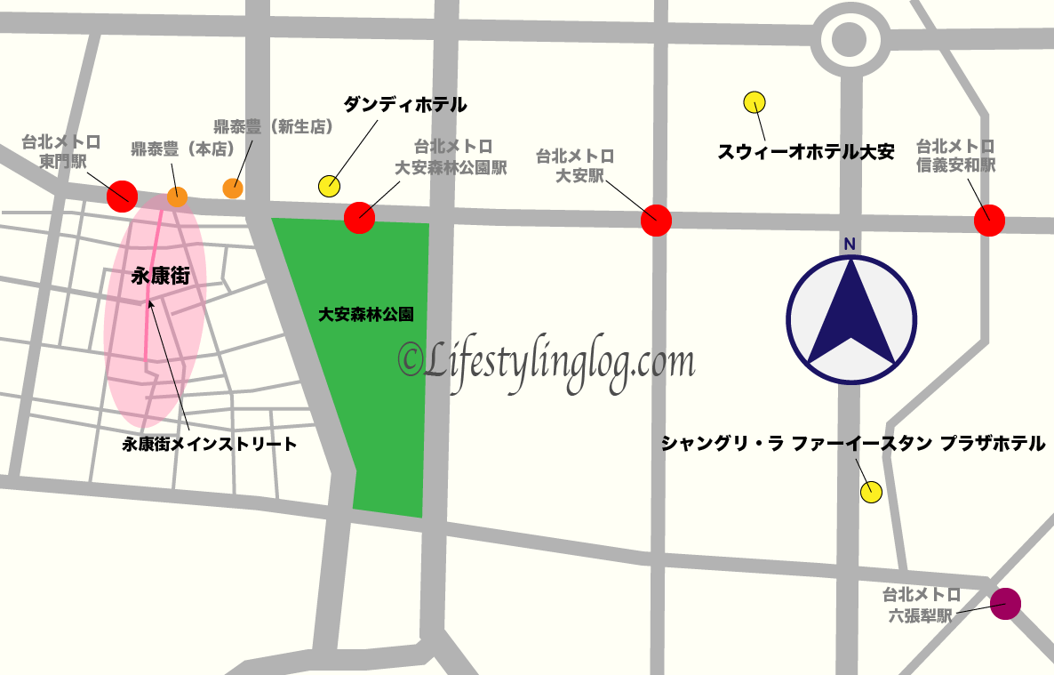 台北の東門駅や大安エリアにあるホテルのイメージマップ