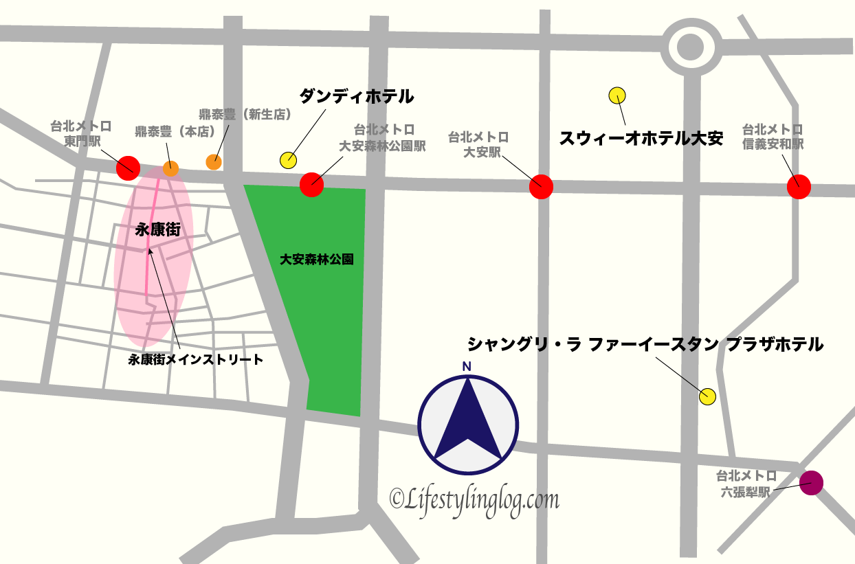 台北の東門駅や大安エリアにあるホテルのイメージマップ