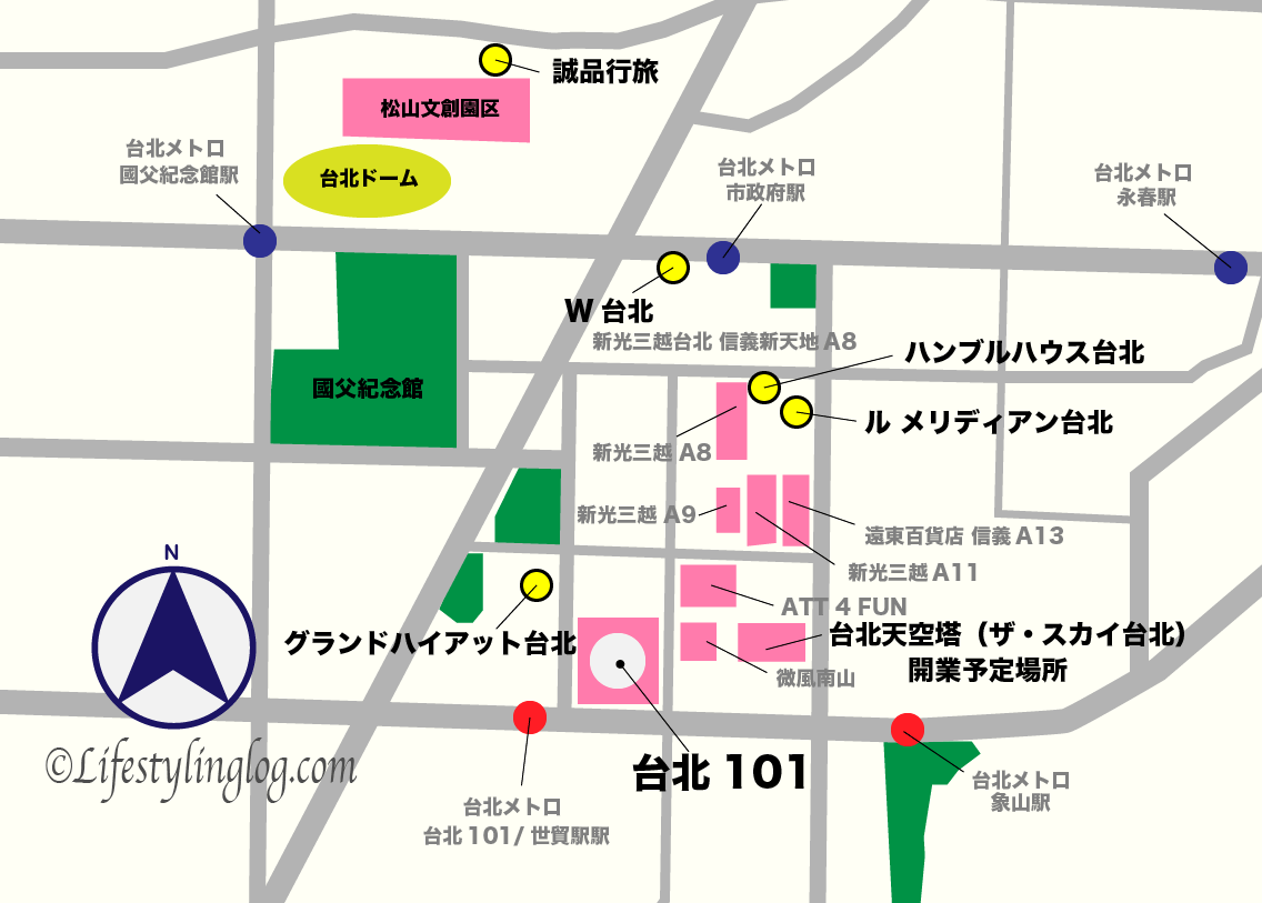 台北101と市政府駅周辺にあるホテルのイメージマップ