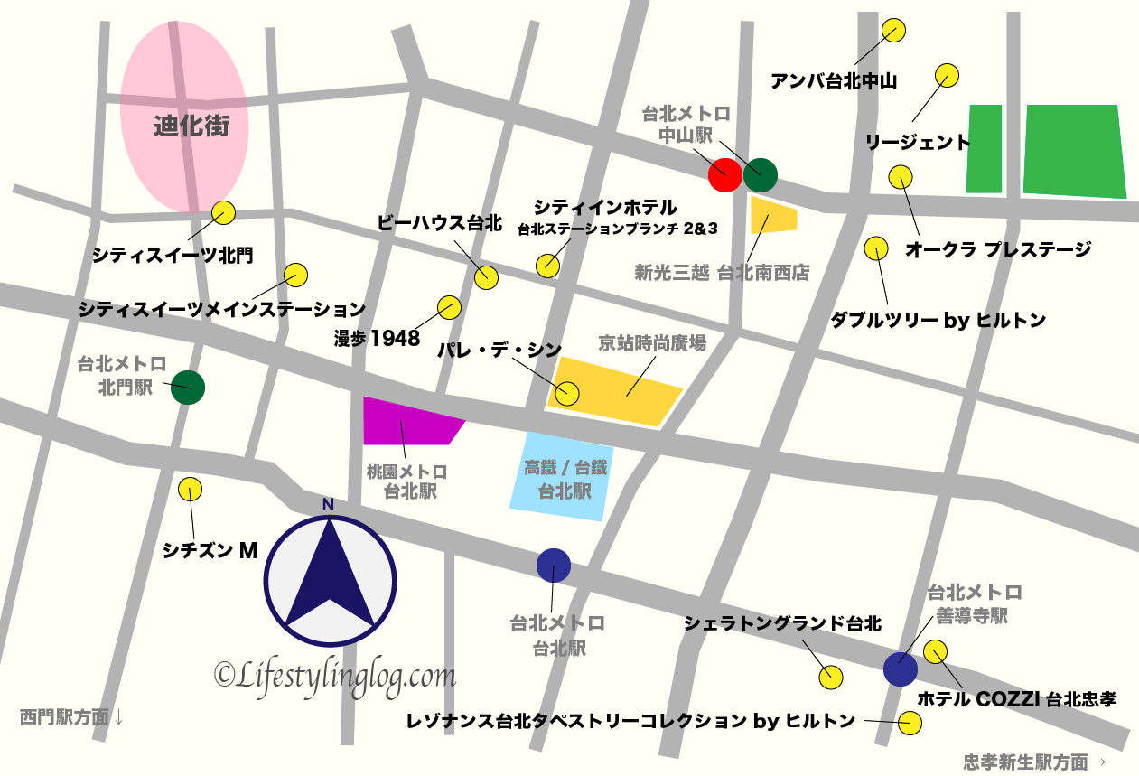台北駅、北門駅、中山駅、善導寺駅周辺にあるホテルのイメージマップ