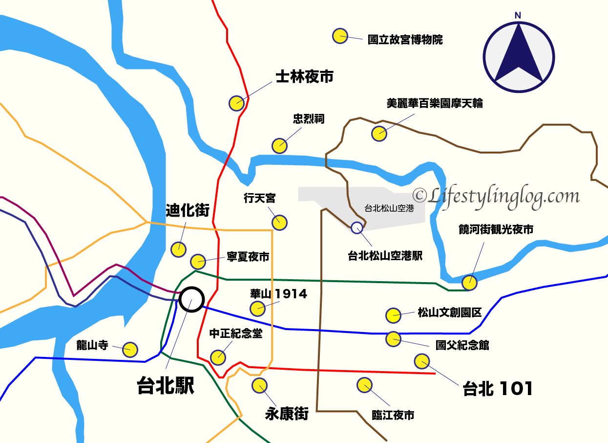 台北の主要観光地の位置を示す地図（イメージマップ）