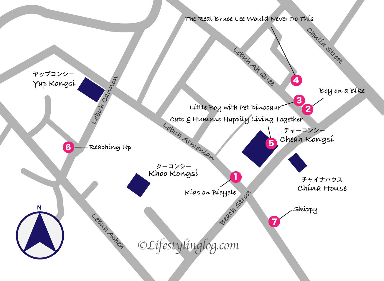 ペナンのアルメニアンストリート周辺にある人気ストリートアートロケーションマップ