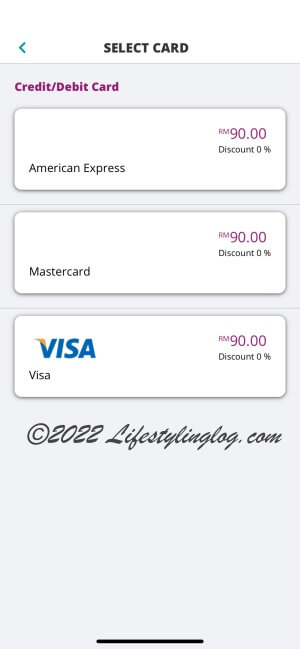 KLIA Ekspresの支払い方法（クレジットカード）選択画面