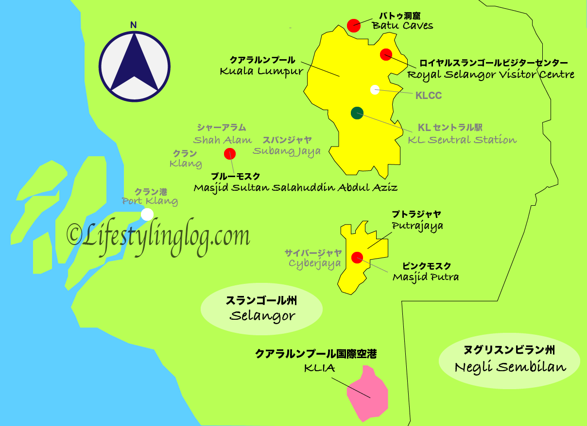 クアラルンプールとスランゴールにある観光名所を示す地図