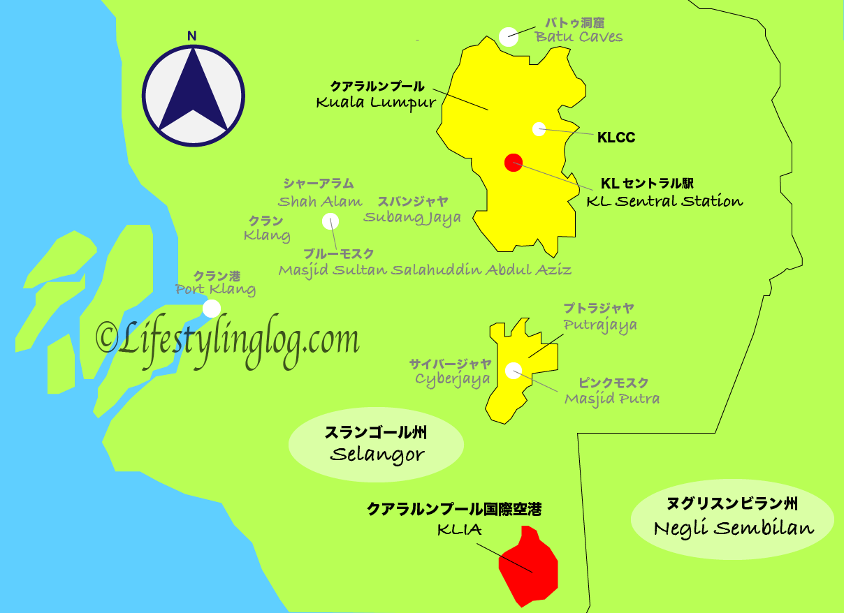 クアラルンプール国際空港とKLセントラル駅の位置を示す地図