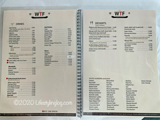 WTF Restaurantのドリンク＆デザートメニュー