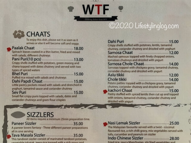 WTF Restaurantのチャートのメニュー
