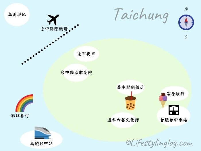 台中観光名所のイメージマップ