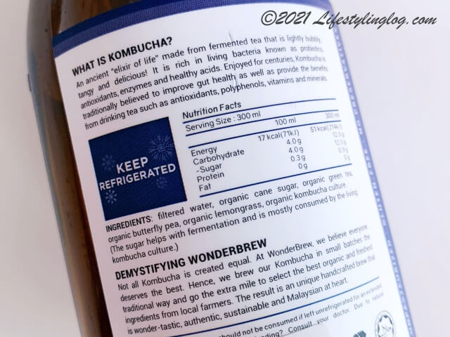WonderBew Kombuchaの栄養成分と原材料表示