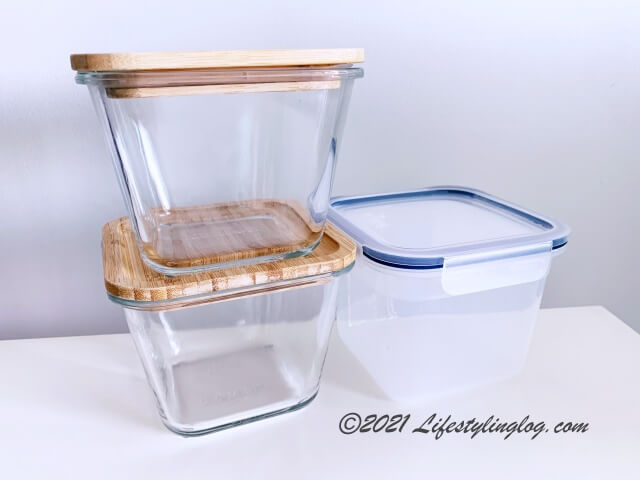 容量1.2Lの正方形のIKEA 365+の保存容器（ガラス＋竹のふたとプラスチック製）