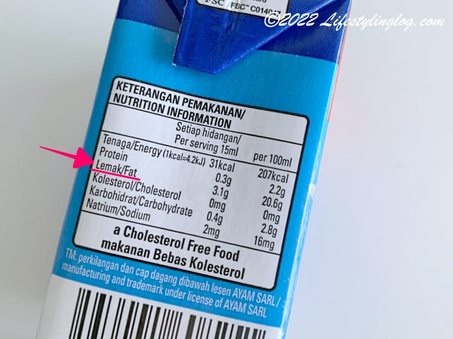 ココナッツミルク商品に記載されている脂質を示すLemakの表示