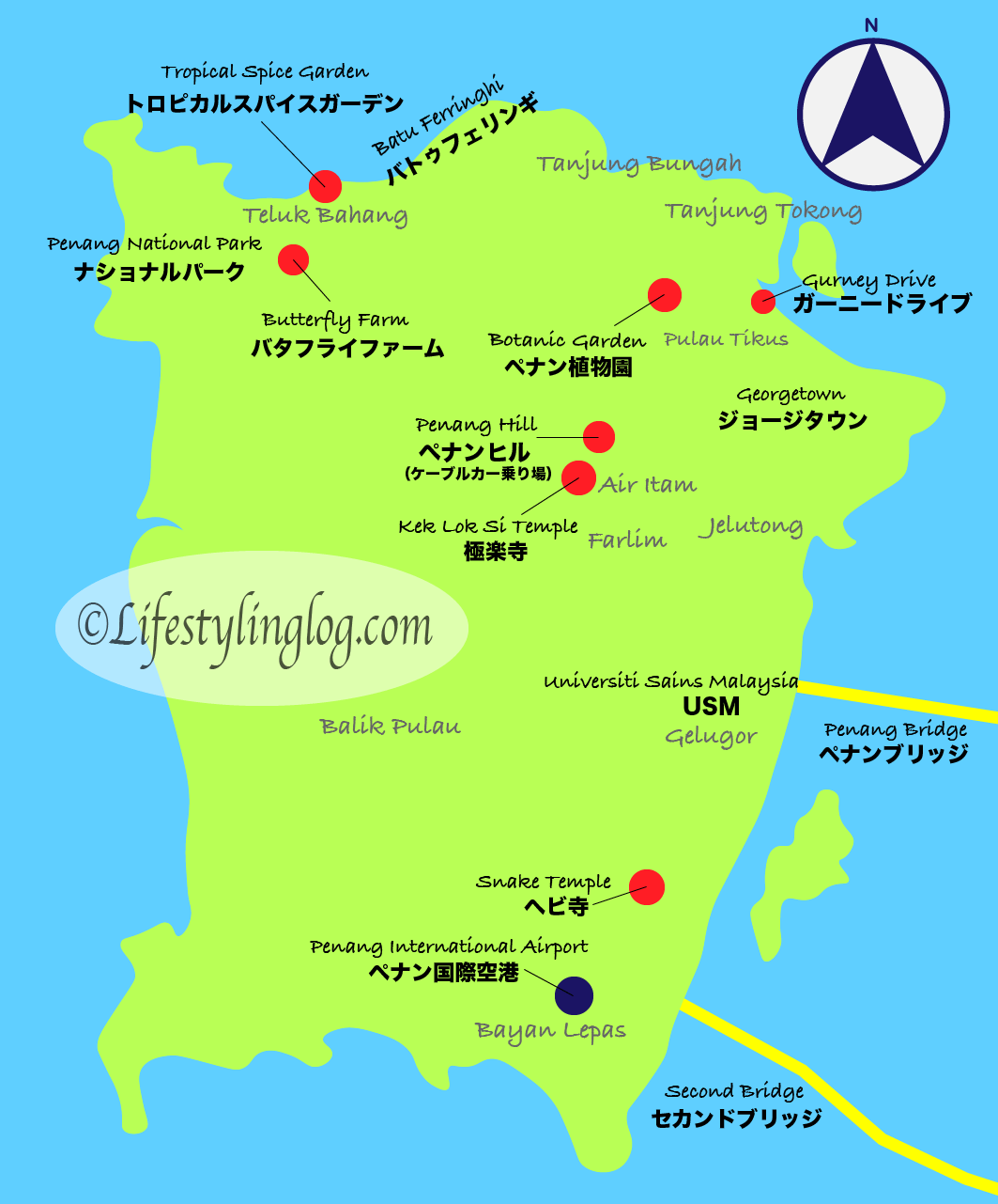 ペナン島の地図と主要スポット
