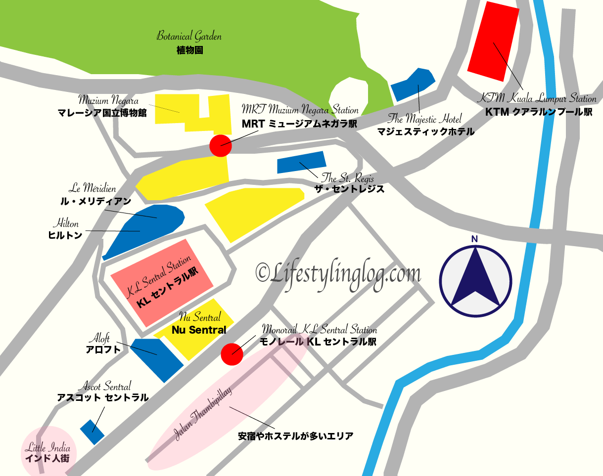 KLセントラル駅周辺にあるホテルの地図（イメージマップ）
