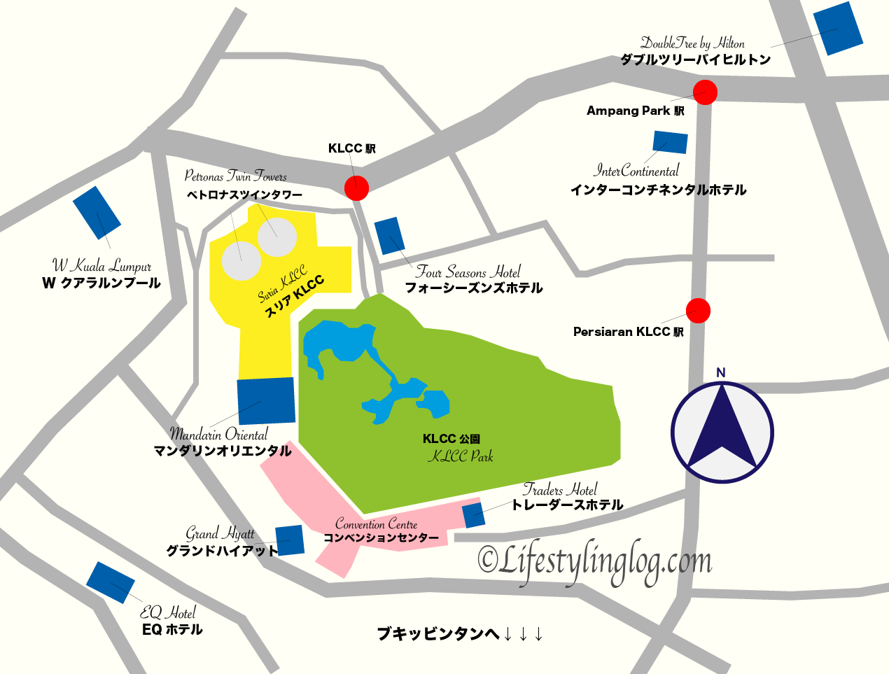 KLCCエリアにある名所とホテルの位置を示す地図（イメージマップ）