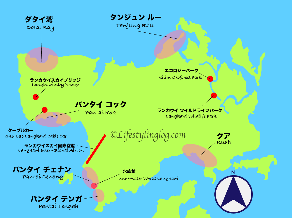 ランカウイ島の主要ホテルがある滞在エリアマップ（地図）