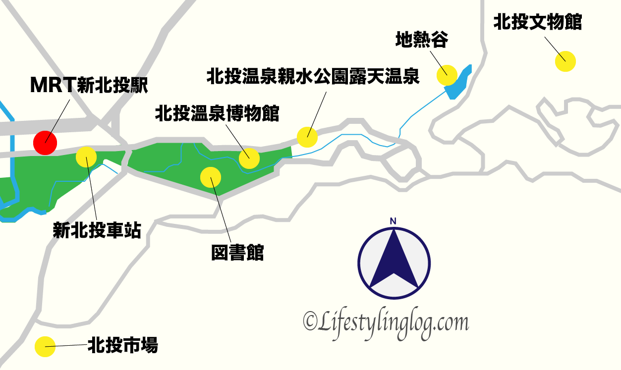 北投観光マップとMRT新北投駅の位置