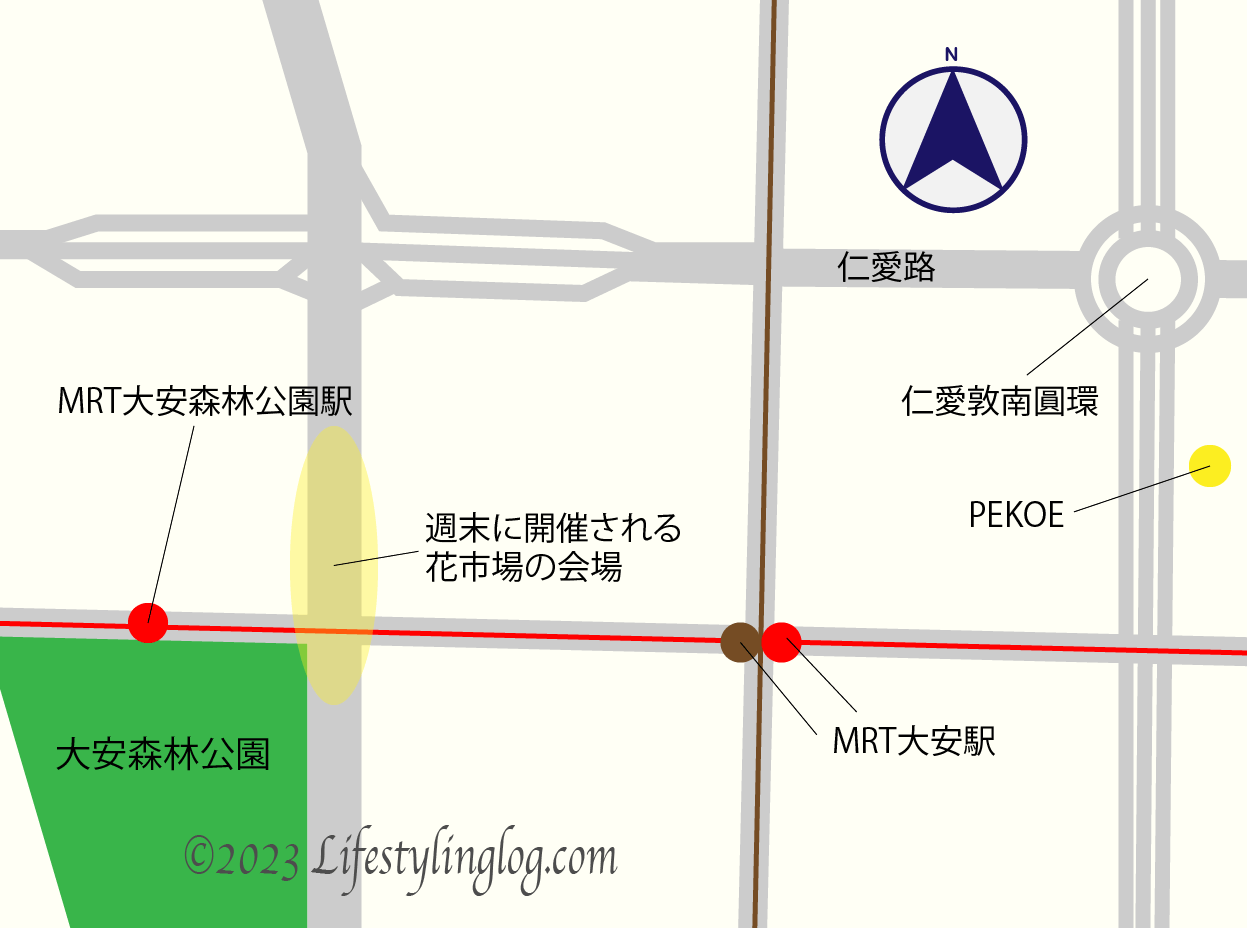 MRT大安森林公園駅とMRT大安駅周辺のマップ