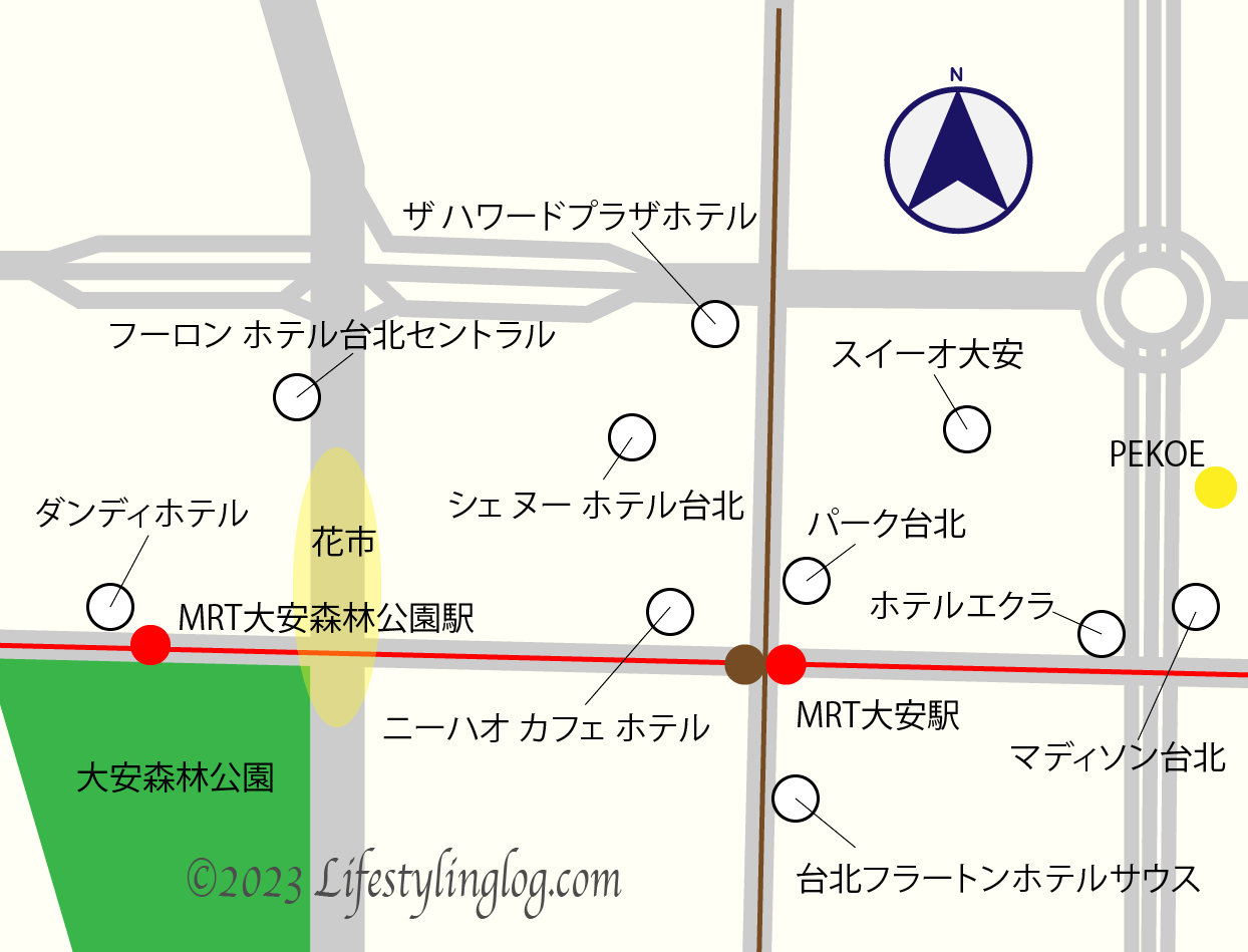 MRT大安森林公園駅とMRT大安駅周辺のホテルマップ