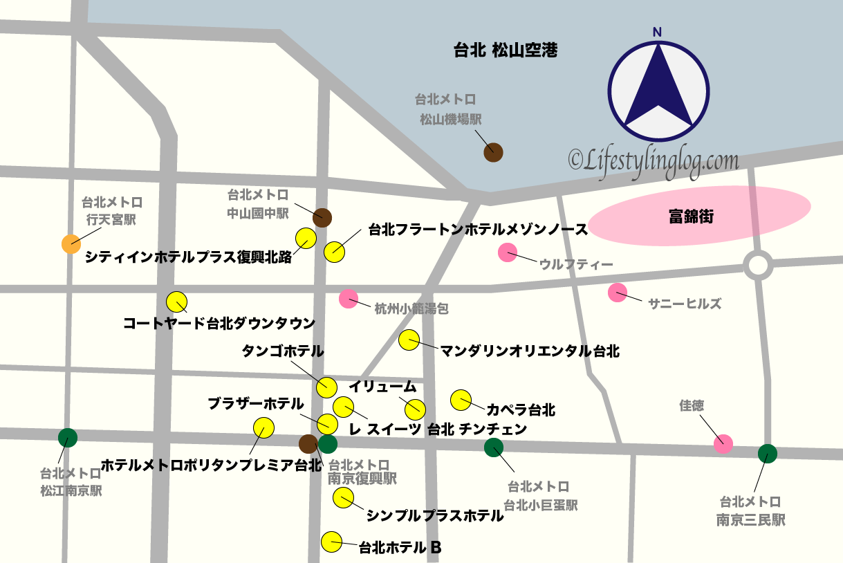 台北松山空港近くにあるホテルマップ