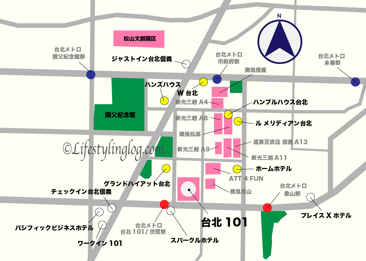 台北101周辺近くにあるホテルの位置関係を示す地図