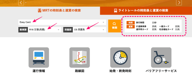 高雄MRTの運賃と乗車時間検索画面