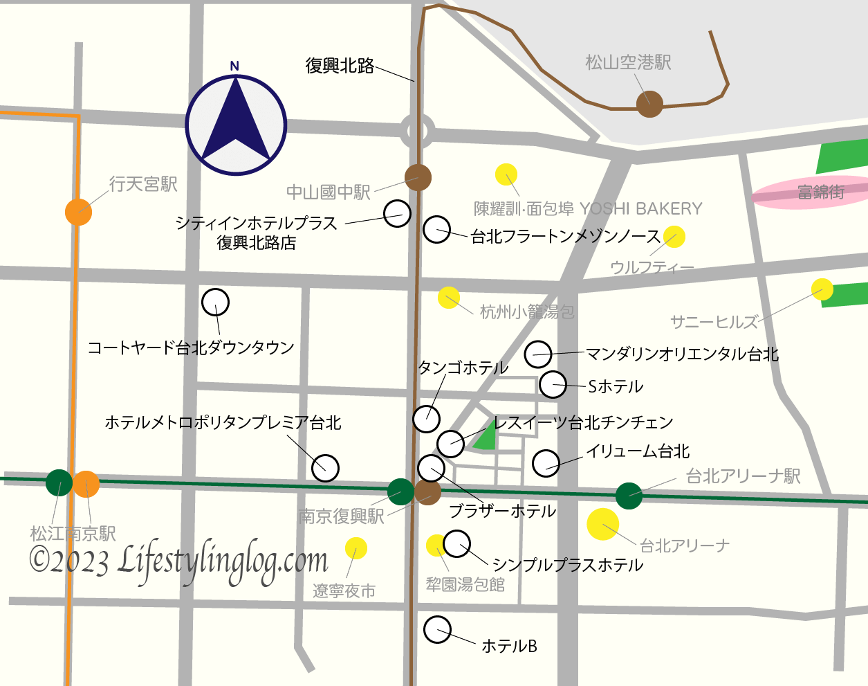 台北松山空港近くにあるホテルマップ