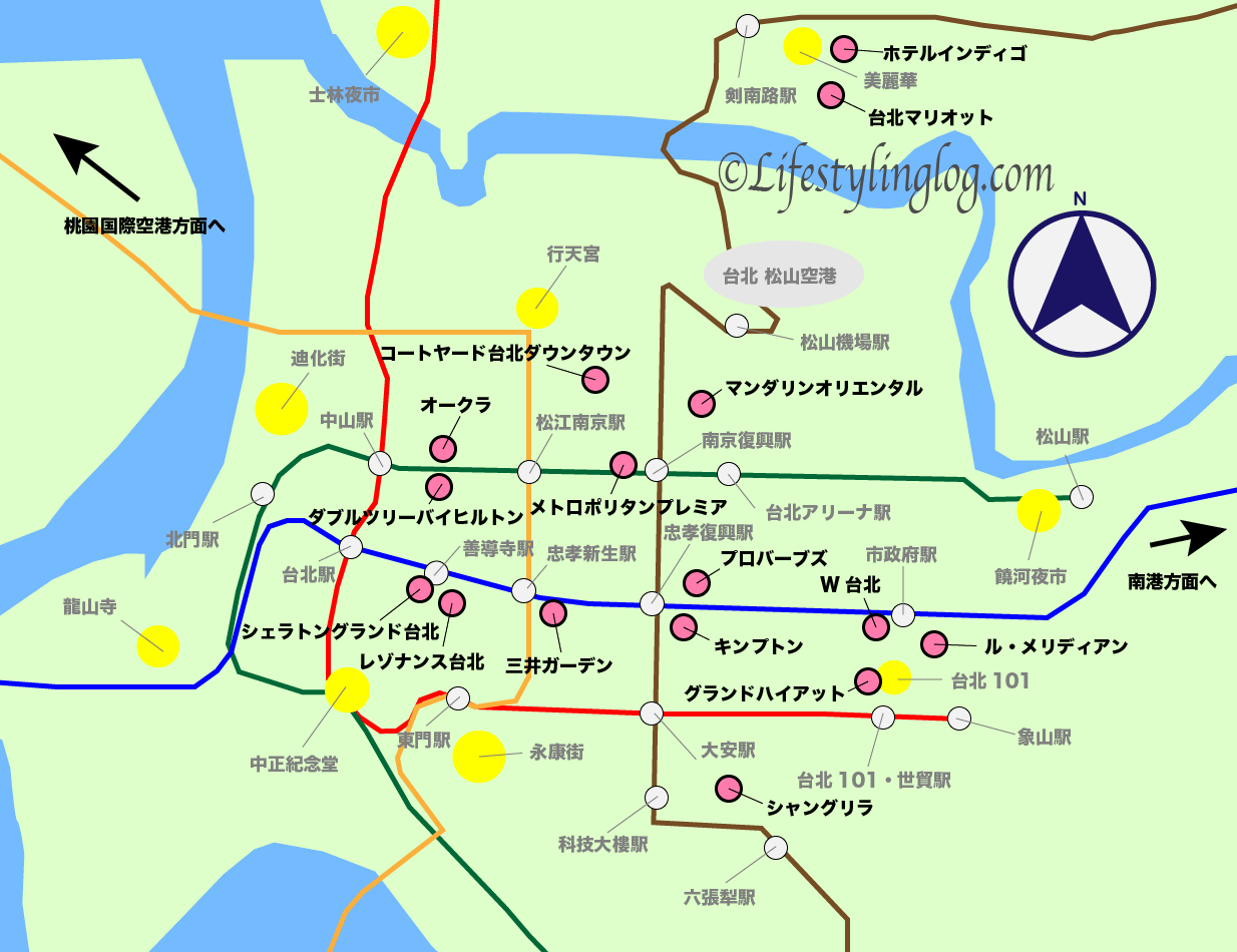 台北市内中心部にある最高級ラグジュアリー＆高級ホテルの位置を示す地図