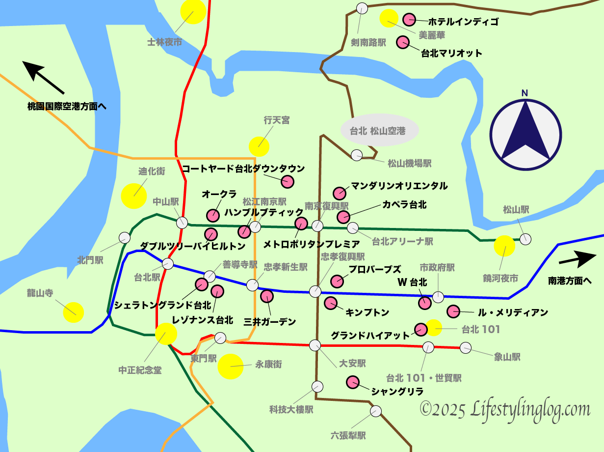 台北市内中心部にある最高級ラグジュアリー＆高級ホテルの位置を示す地図