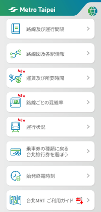 台北捷運Goのアプリのメニュー画面