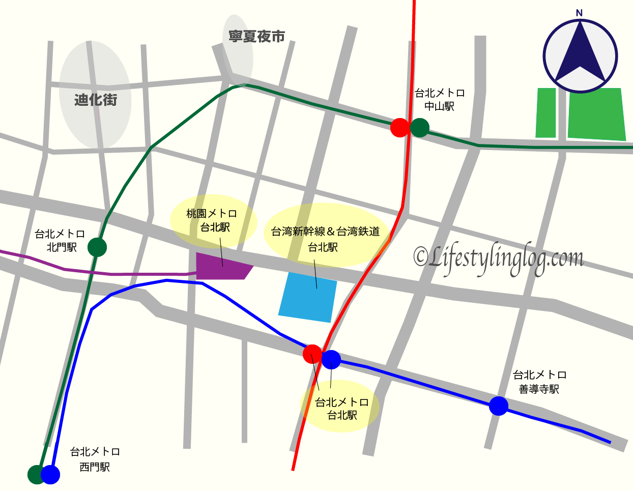 桃園MRT、台湾新幹線＆台湾鉄道、台北MRTの台北駅の位置情報