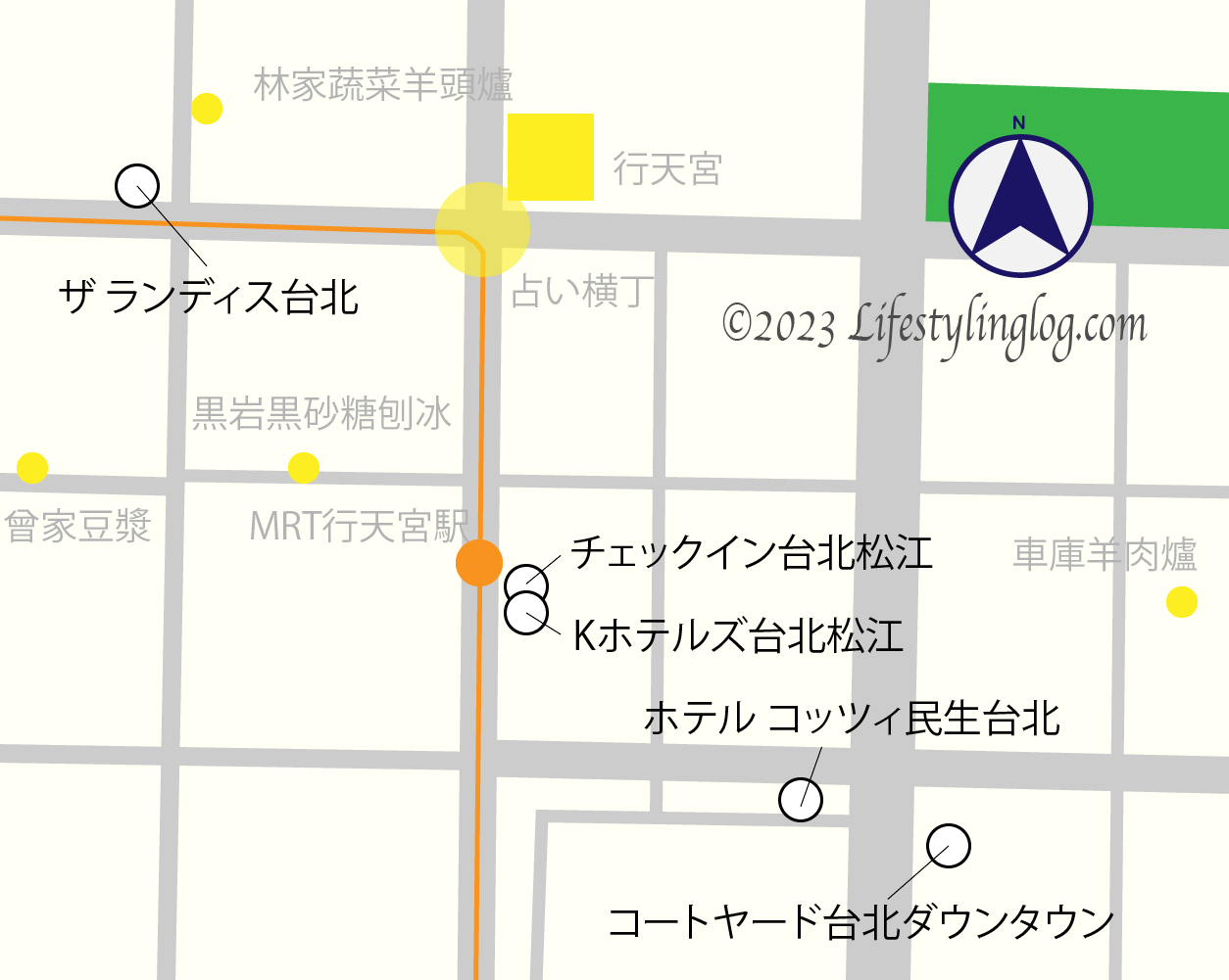 MRT行天宮駅周辺にあるホテルマップ
