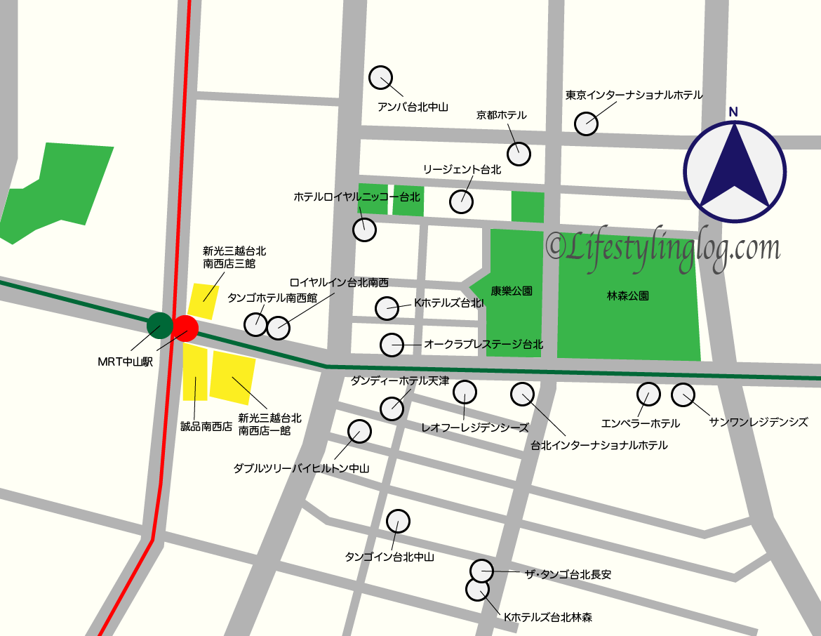 MRT中山駅近くにあるホテルの地図