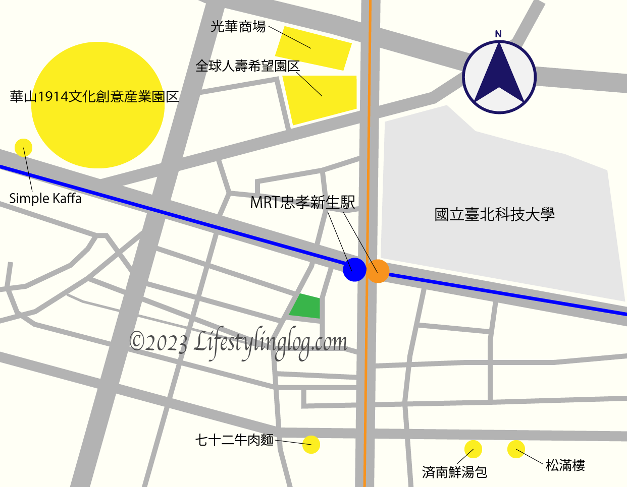MRT忠孝新生駅周辺のマップと特徴