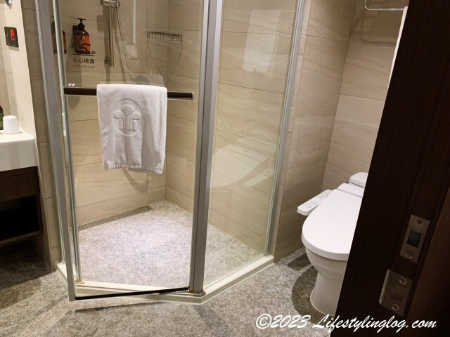 レイクショアホテル台南の客室にあるお手洗いとシャワーブース