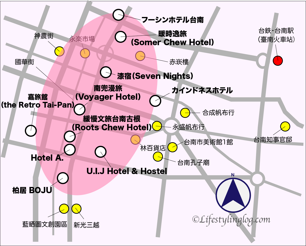 台南の國華街エリアのホテルの位置を示すイメージマップ