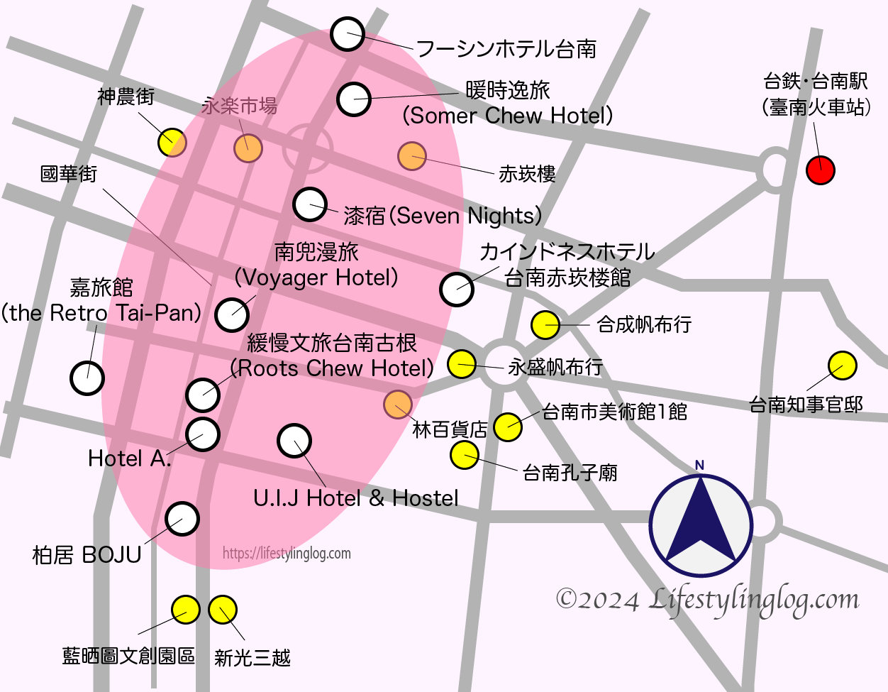台南の國華街エリアのホテルの位置を示すイメージマップ