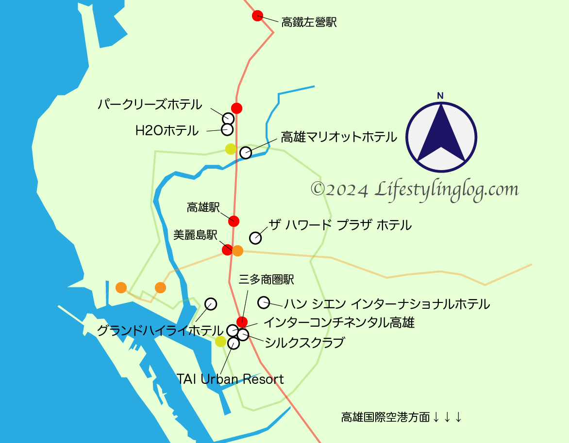 高雄の5つ星高級ホテルの位置を示したイメージマップ（地図）