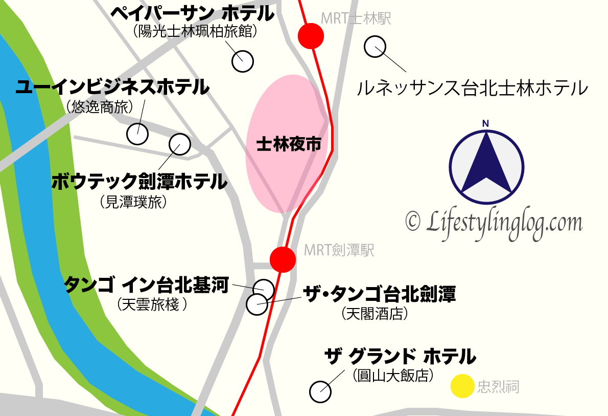 士林ナイトマーケット周辺のホテルマップ