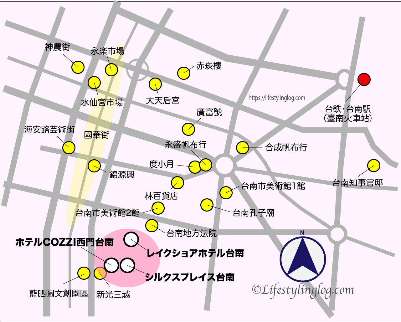 台南の新光三越エリアのホテルの位置を示すイメージマップ