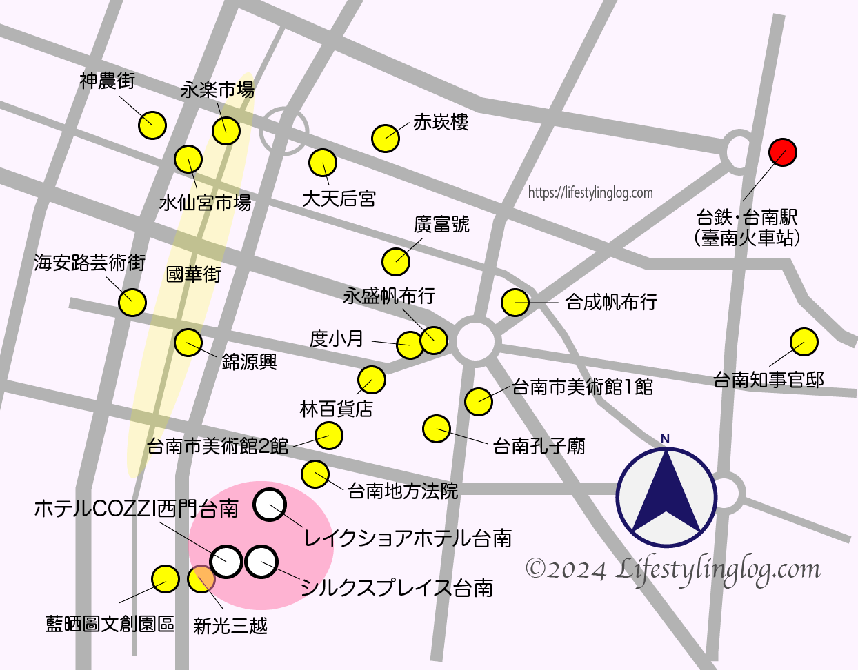 台南の新光三越エリアのホテルの位置を示すイメージマップ