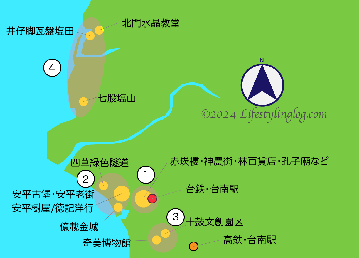 台南の主要観光スポットを4つのエリアに分けたイメージマップ（地図）