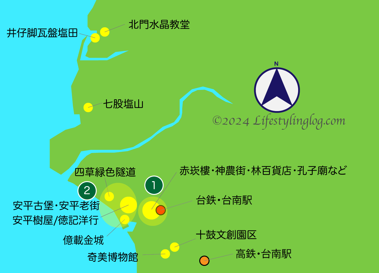 台南で訪れるべき2つの主要観光スポットのイメージマップ（地図）