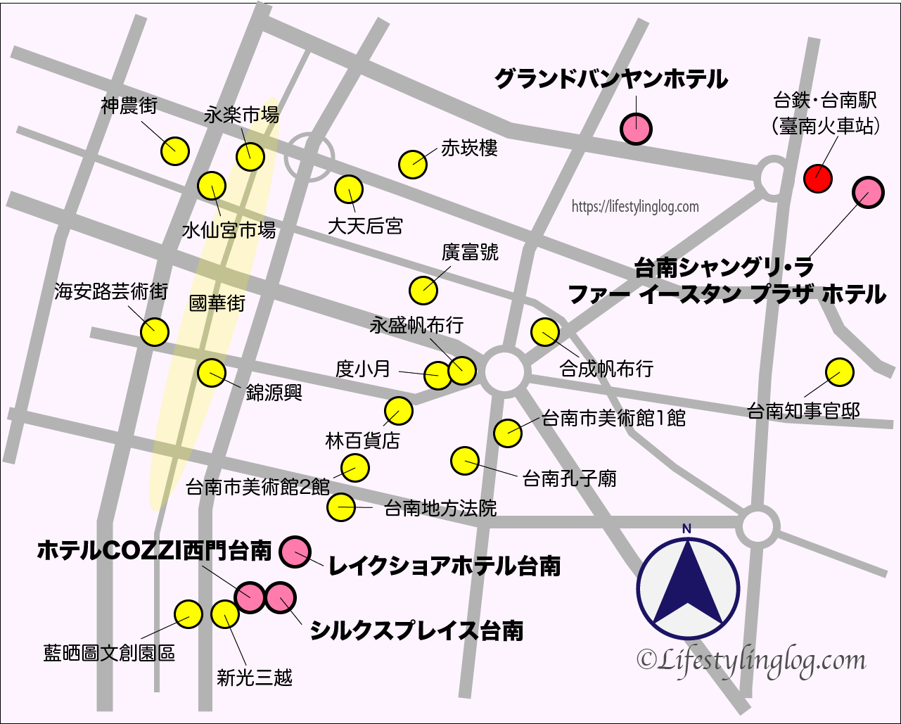 台南の観光スポットと高級ホテルの位置を示したイメージマップ(地図)