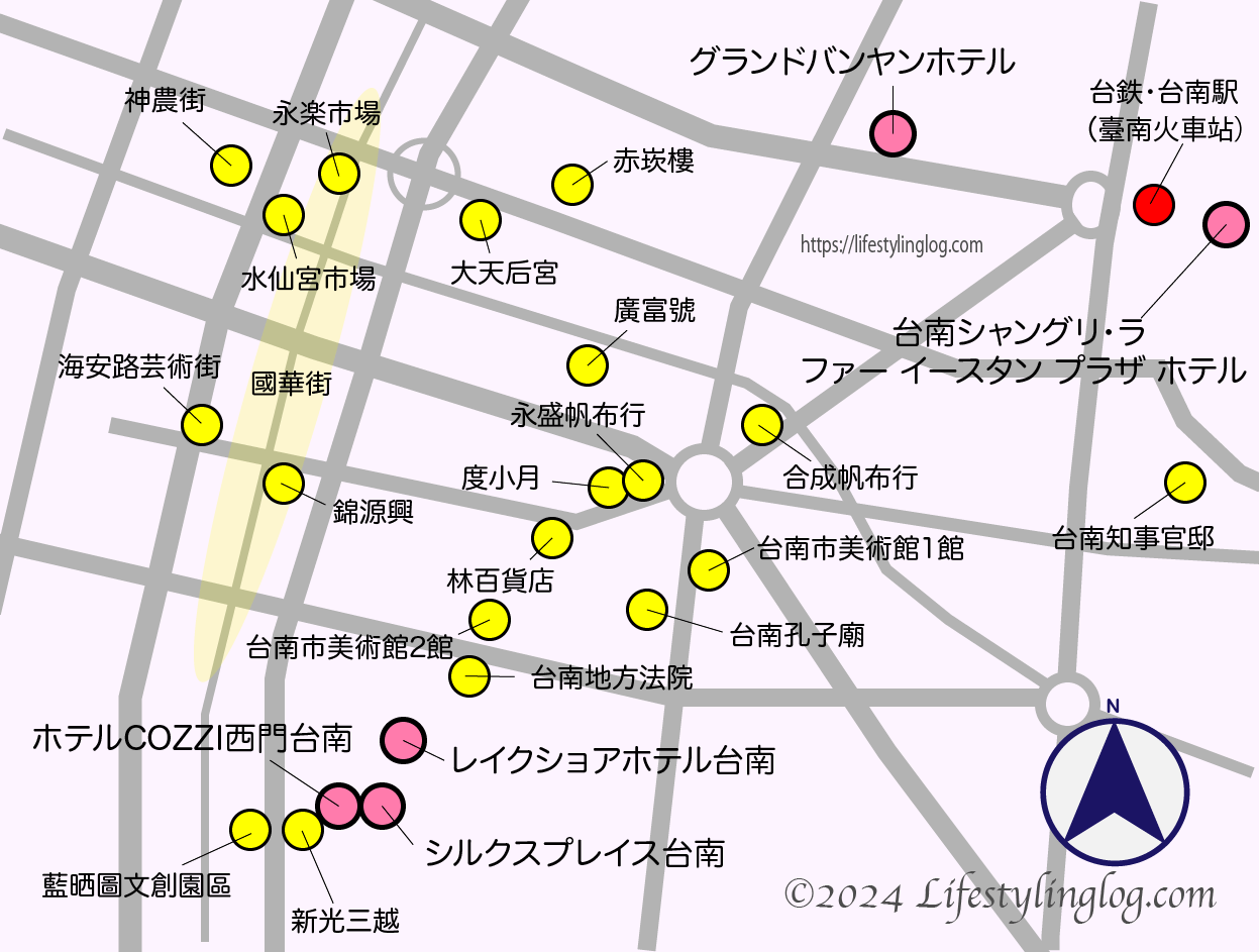 台南の観光スポットと高級ホテルの位置を示したイメージマップ（地図）