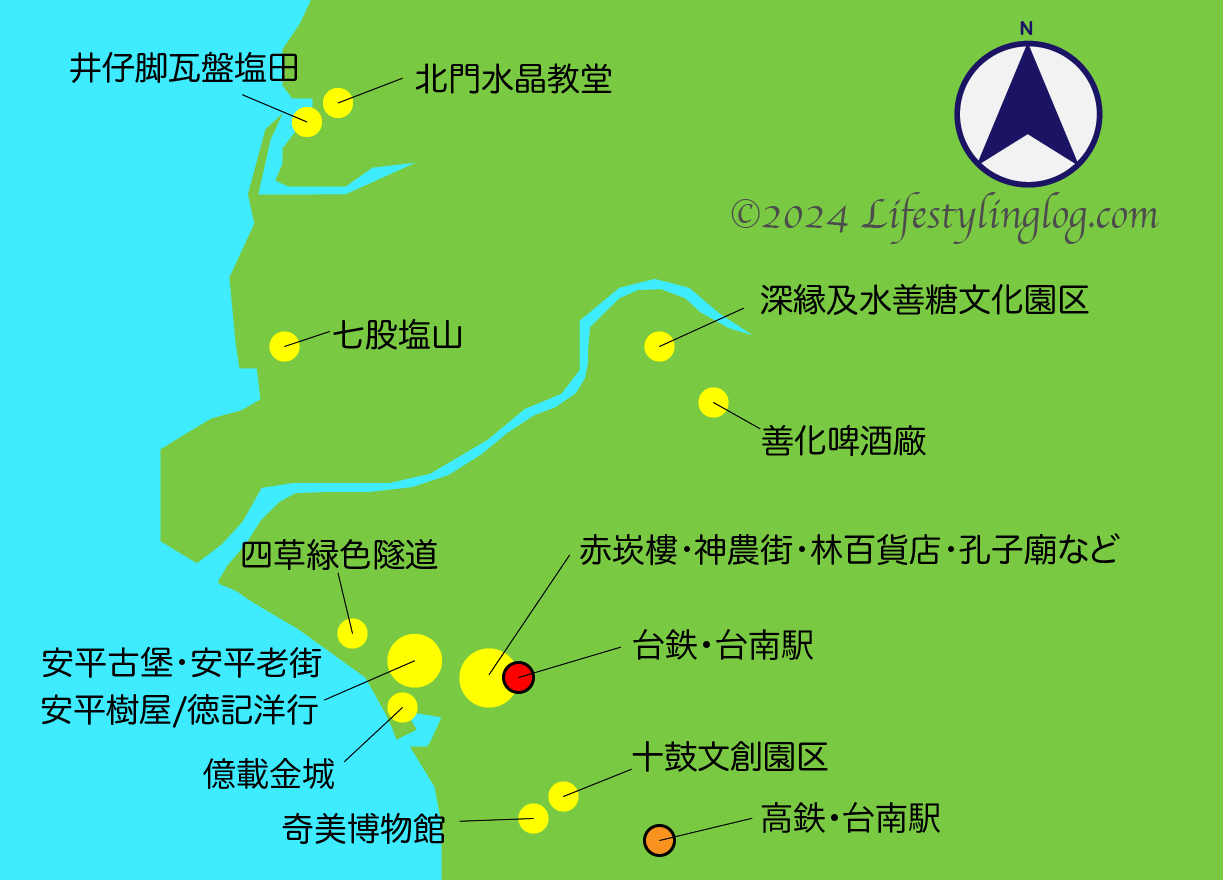 台南の主要観光スポットのイメージマップ（地図）