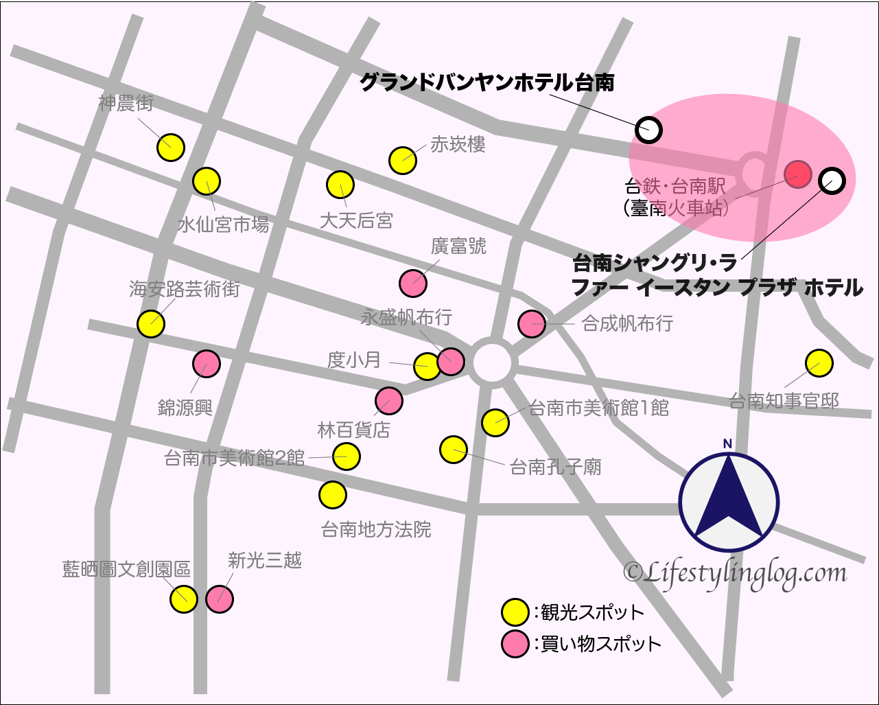 台南の駅前エリアのホテルの位置を示すイメージマップ