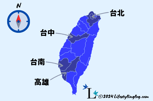 台北と台湾の主要都市の位置関係を示すイメージマップ